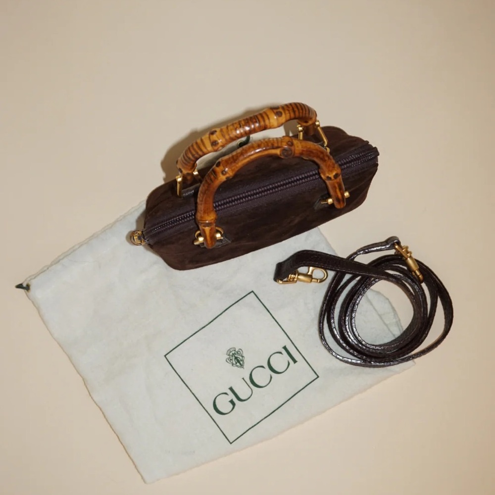 “Gucci” 80’s Brown Suede Mini Vintage Bamboo Handbag - Picture 3 of 10